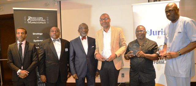 Director General, National Broadcasting Commission, Mr. Emeka Mba (third from right) flanked on his right by Chairman of Phillip Consulting, Nigeria, the initiators of the web-jurist Award project, Mr Foluso Phillips; and on Mba’s left is Director Public Affairs, NBC, Mr. Awwalu Salihu and others at the presentation ceremony of the Web-Jurist’s Award Thursday in Lagos.