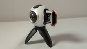 The Gear 360 Camera on Tripod stand and battery view