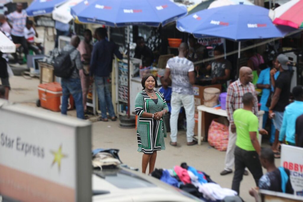 Mrs Bisola Azeez Isokpehi, the Iyaloja of Ikeja Computer Village, seen standing inside a street in the market says #CVE2019, the biggest consumer technology innovation festival in Nigeria, will showcase tomorrow's cutting-edge consumer technology innovation. 